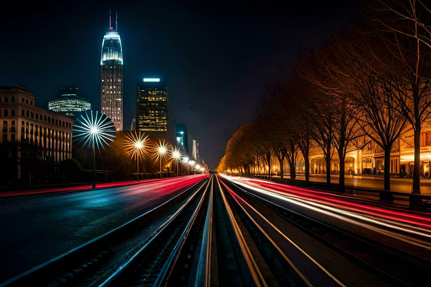 a long exposure photo of a city street at night. AI-Generated