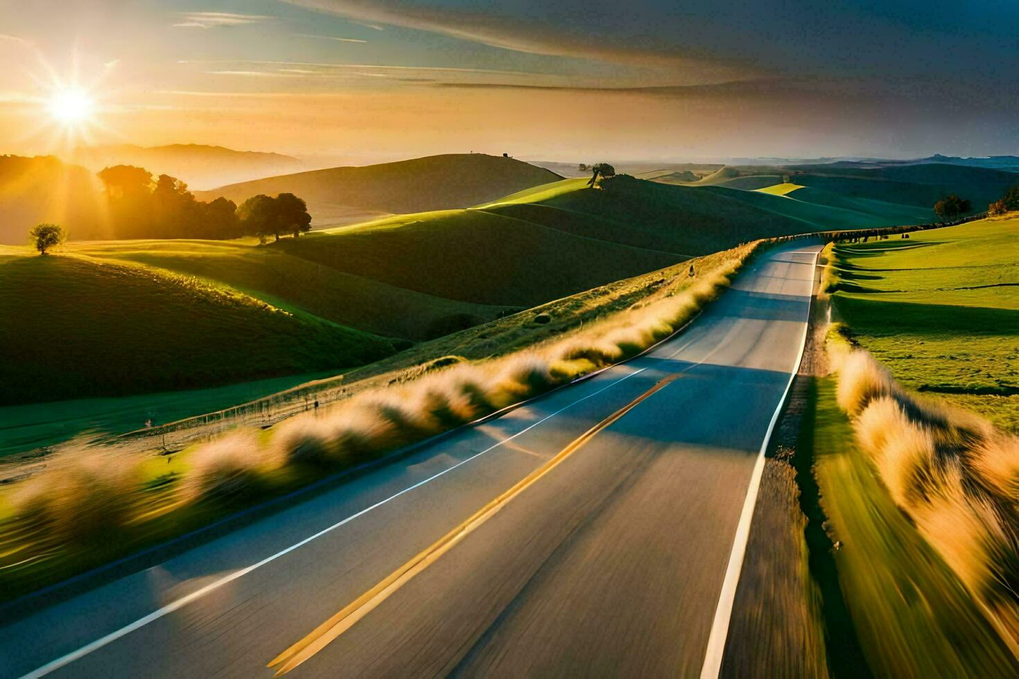 a road in the countryside with the sun setting. AI-Generated photo