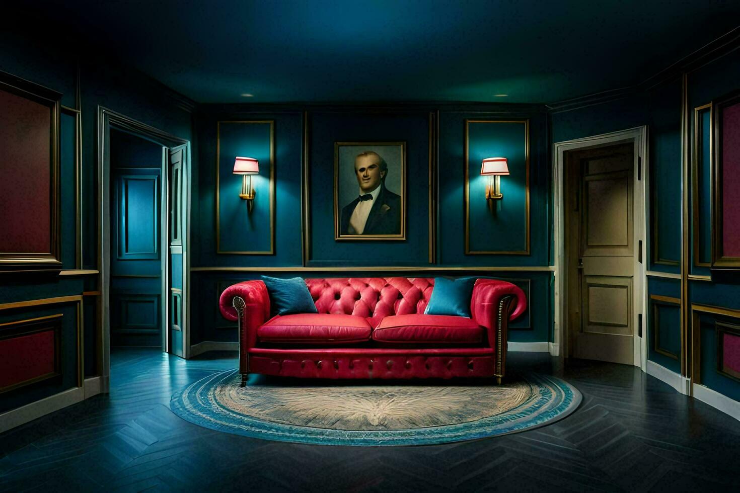 a red couch in a room with blue walls and a painting. AI-Generated photo