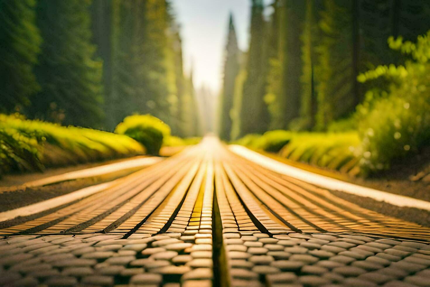 a road with trees and sun shining through it. AI-Generated photo