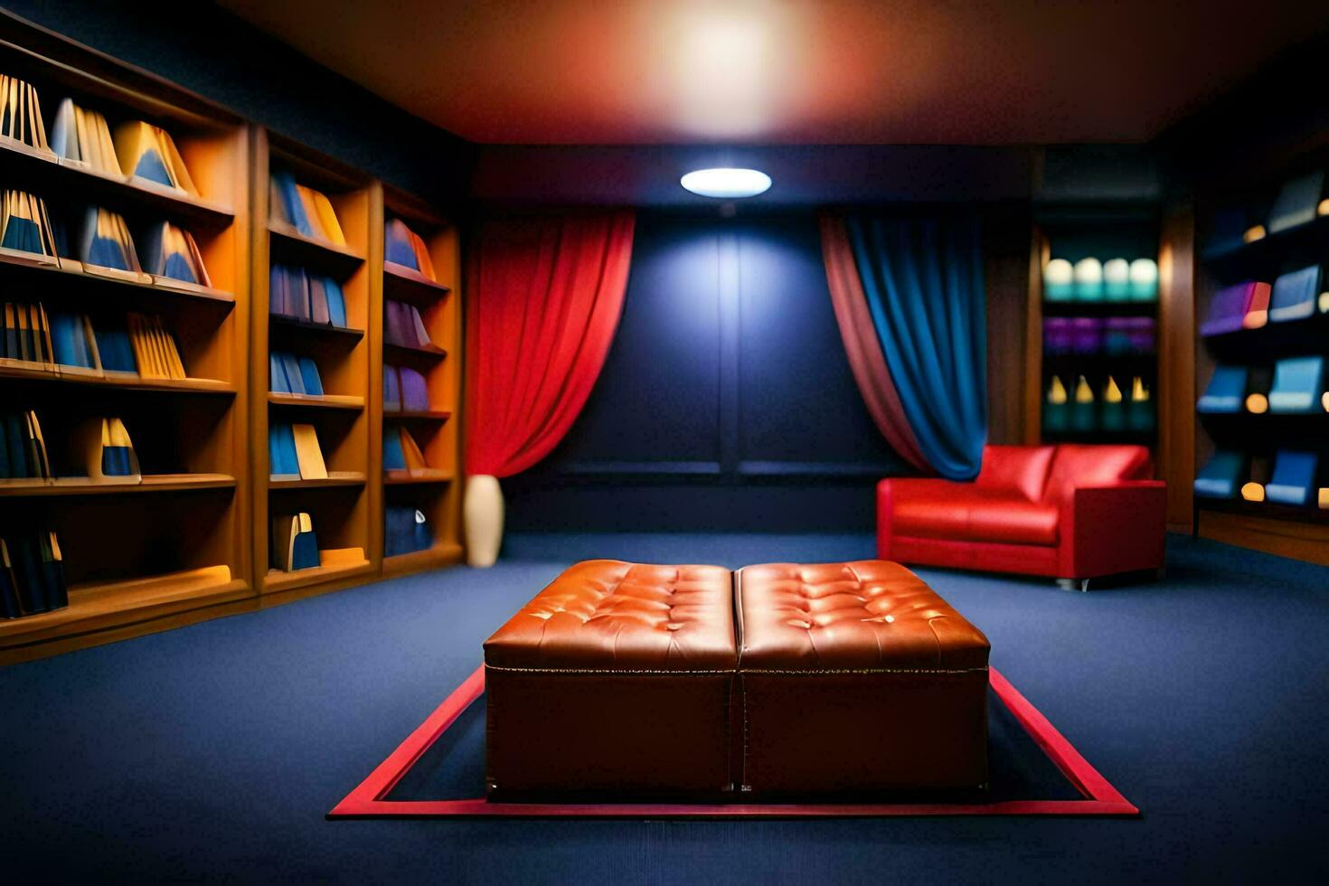 a room with a leather ottoman and bookshelves. AI-Generated photo