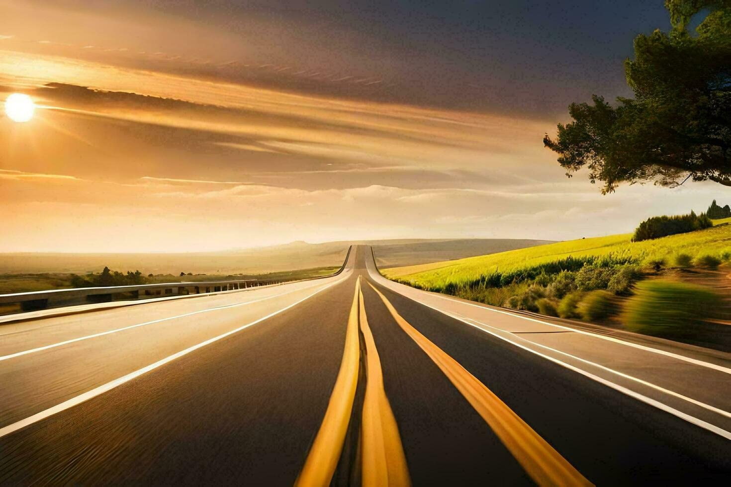 a long road with the sun setting behind it. AI-Generated photo