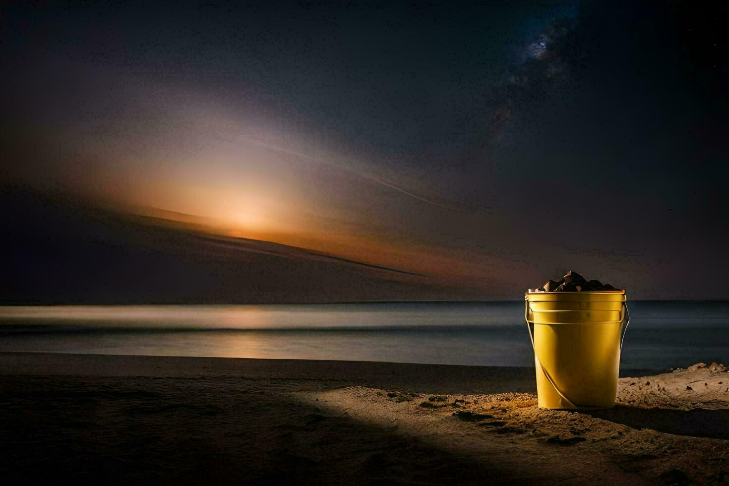a bucket of sand on the beach at night. AI-Generated photo