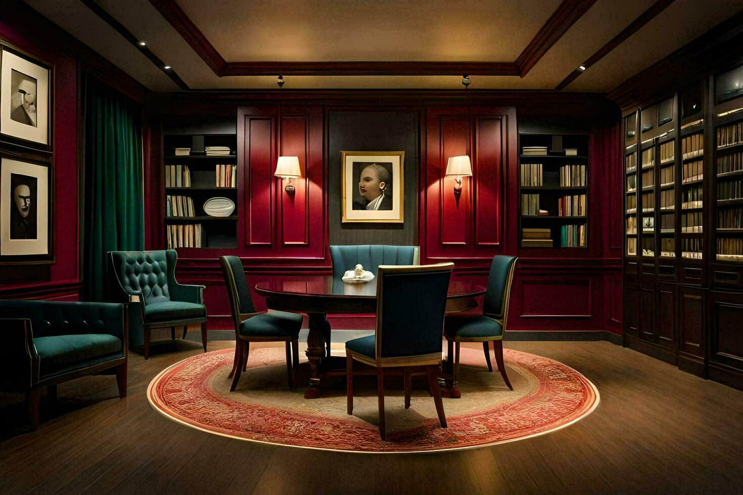 a room with red walls and a round table. AI-Generated photo