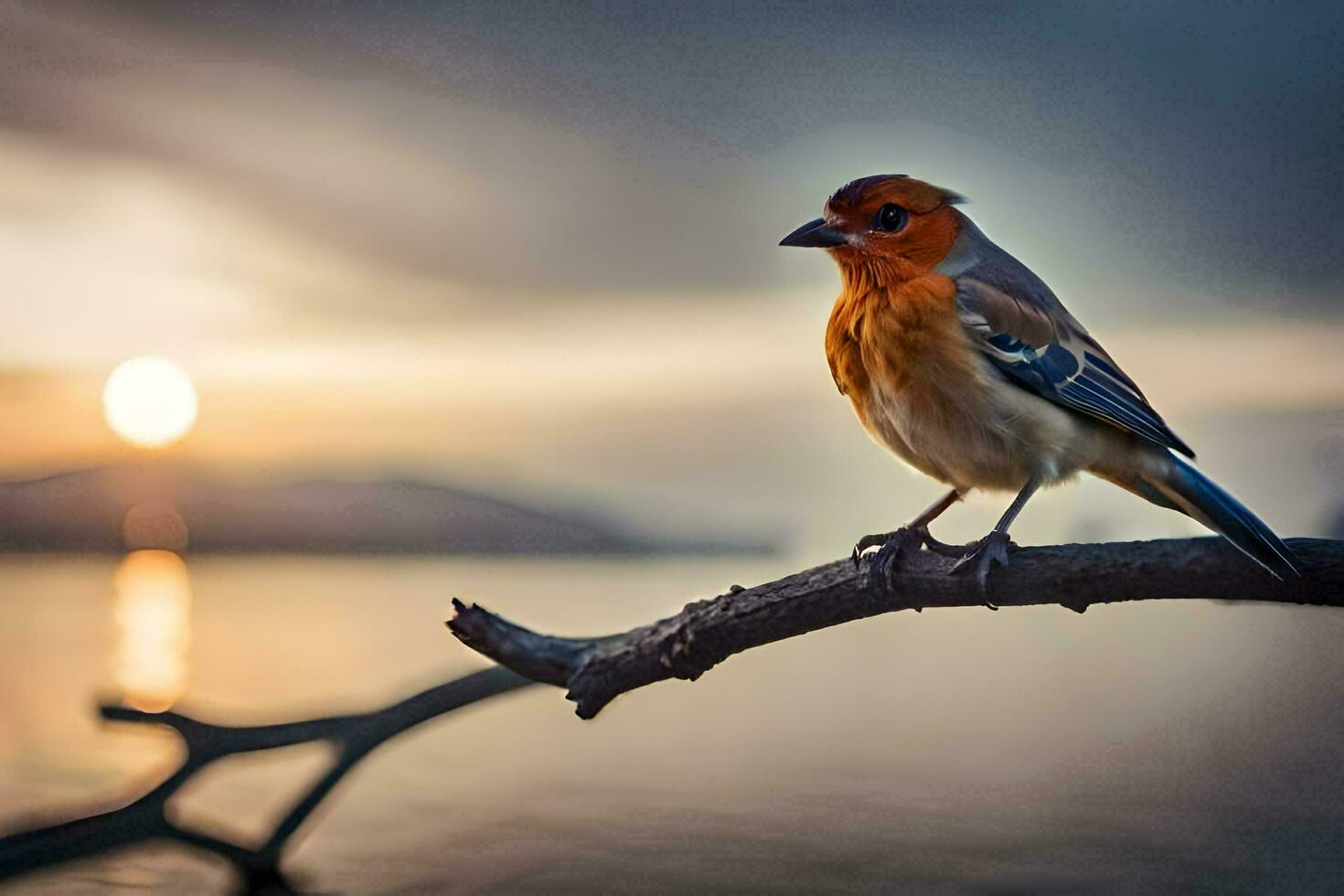 a bird sits on a branch in front of the sun. AI-Generated photo