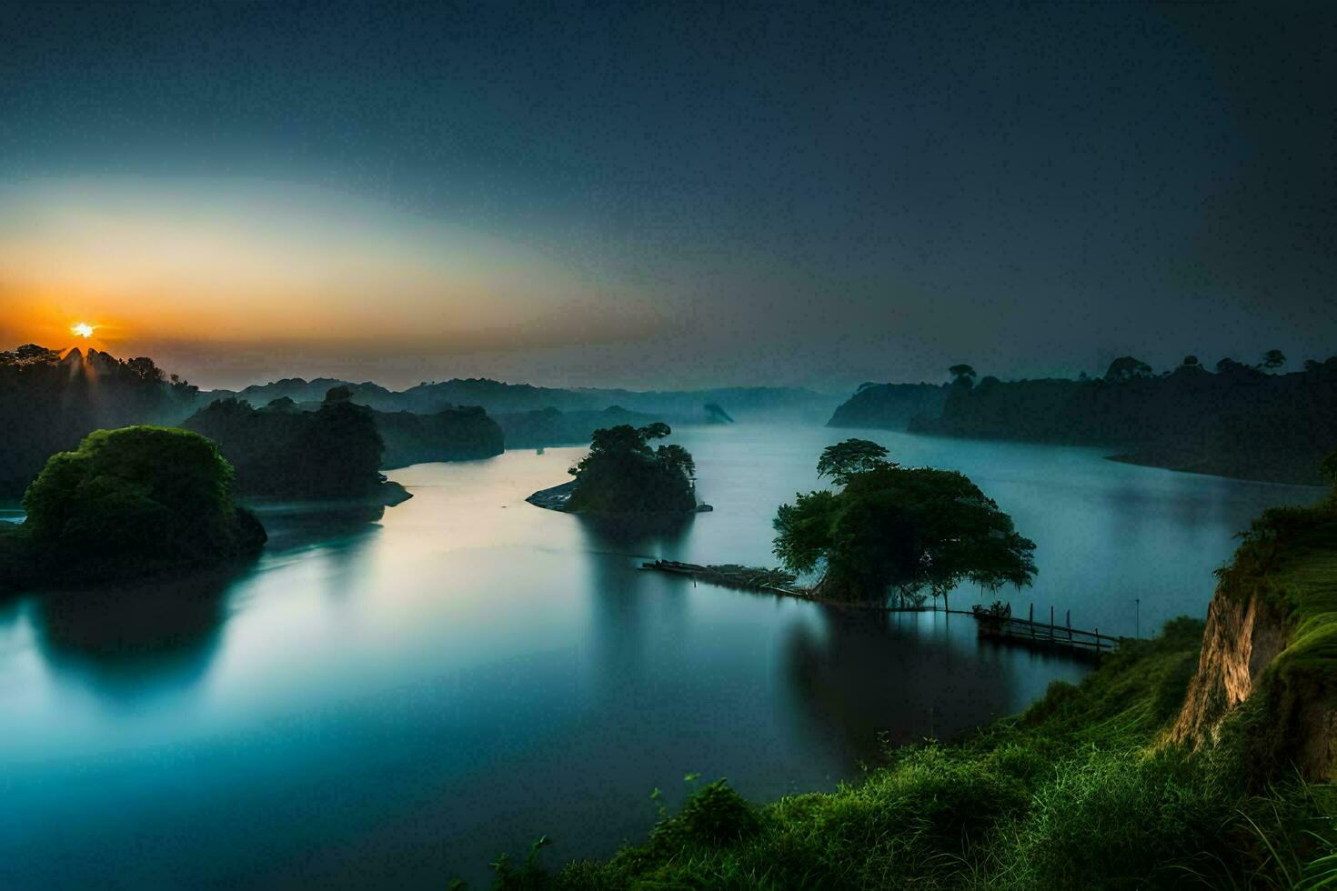 the sun rises over a river in the morning. AI-Generated photo