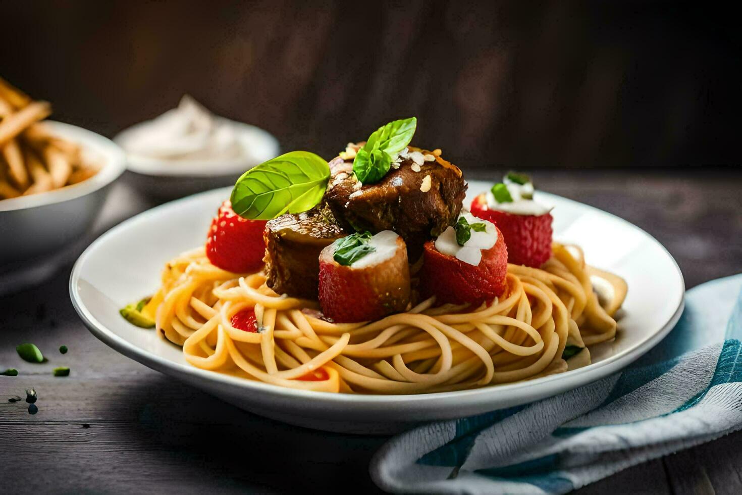 a plate of spaghetti with meat and strawberries. AI-Generated photo