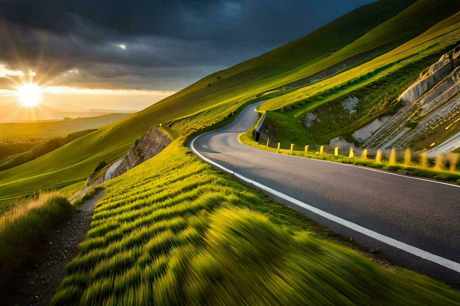 the sun is setting over a winding road in the mountains. AI-Generated photo