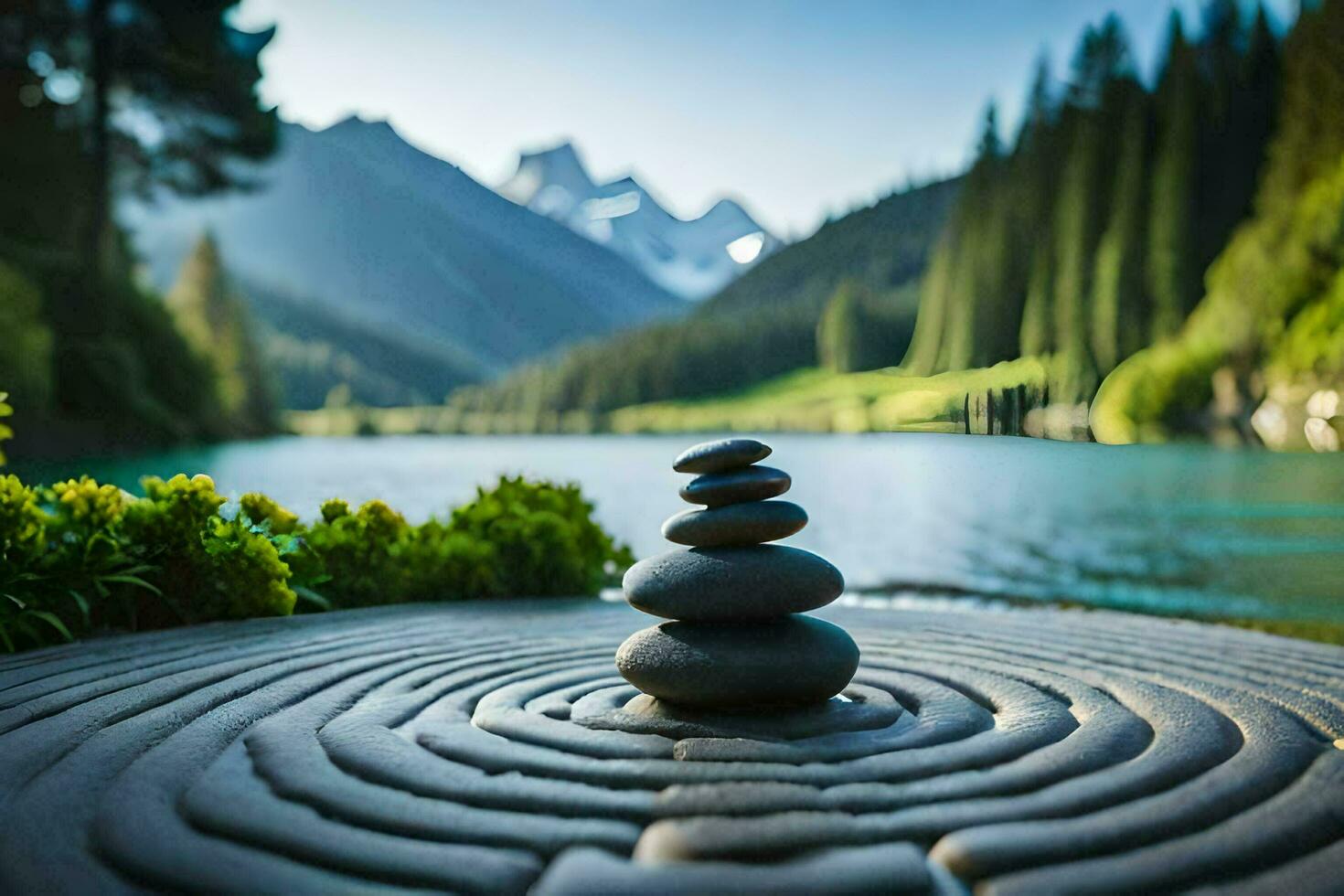 a stone labyrinth in front of a lake and mountains. AI-Generated photo