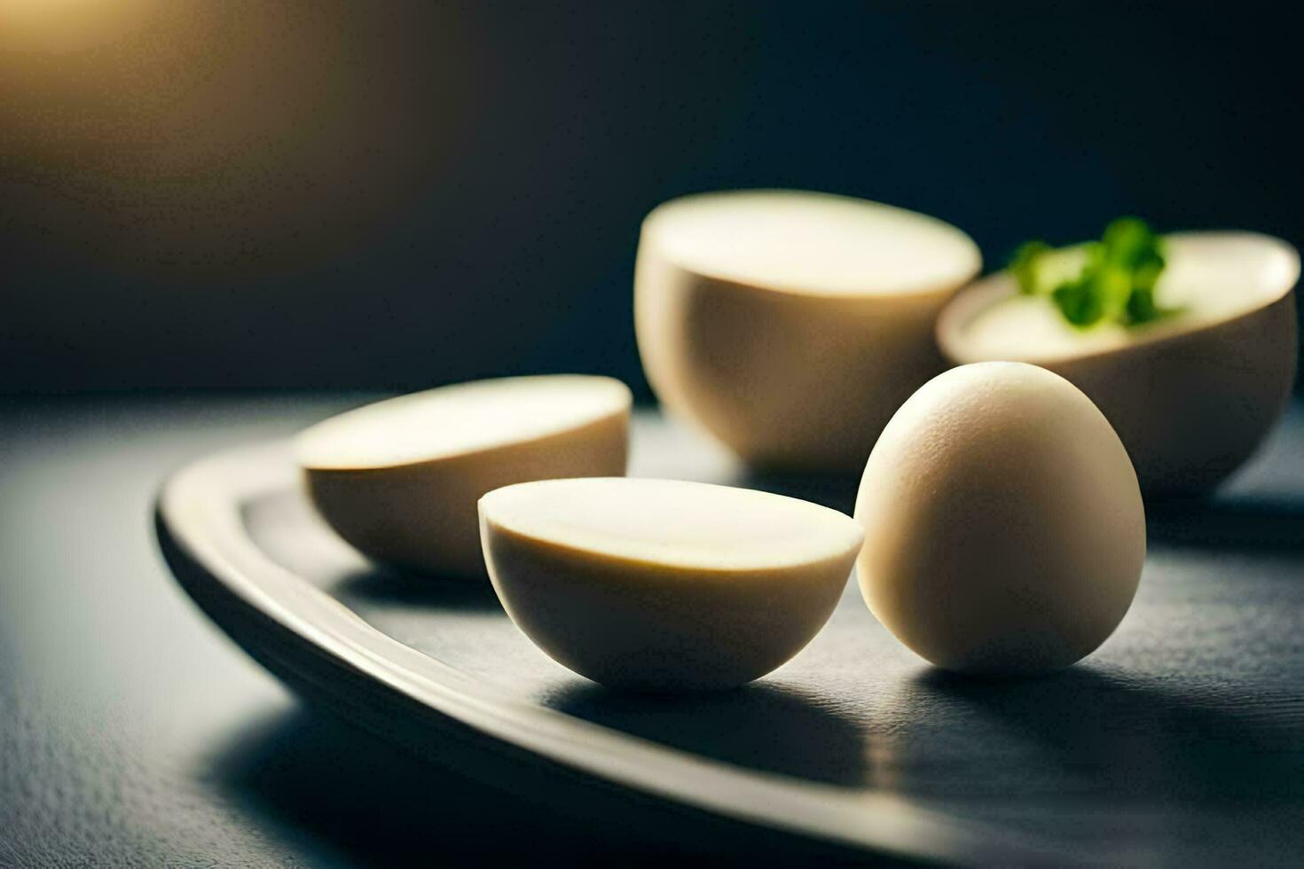 a plate with four eggs and a small piece of parsley. AI-Generated photo