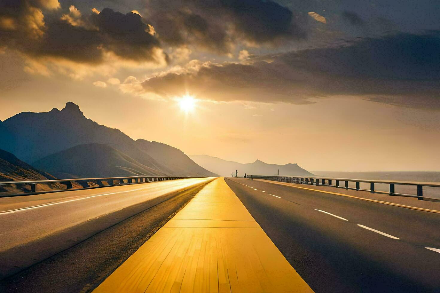 a highway with the sun setting behind it. AI-Generated photo