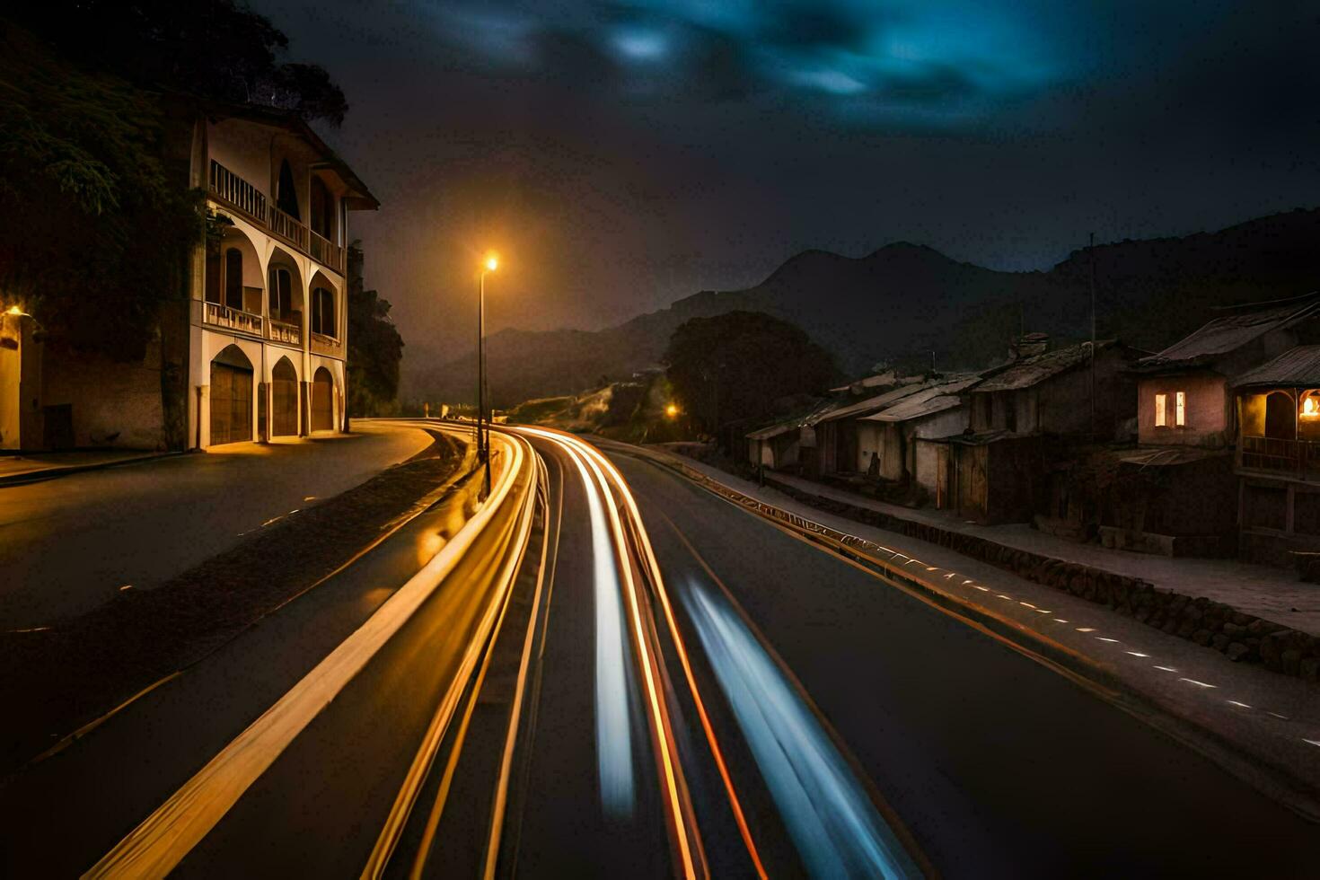 un largo exposición fotografía de un calle a noche. generado por ai foto