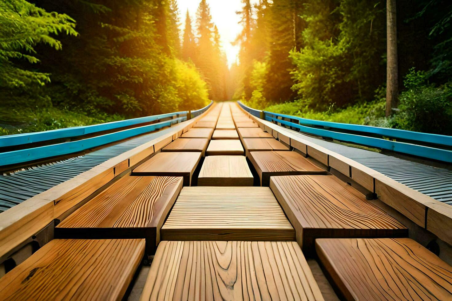 a wooden walkway in the woods with the sun shining. AI-Generated photo