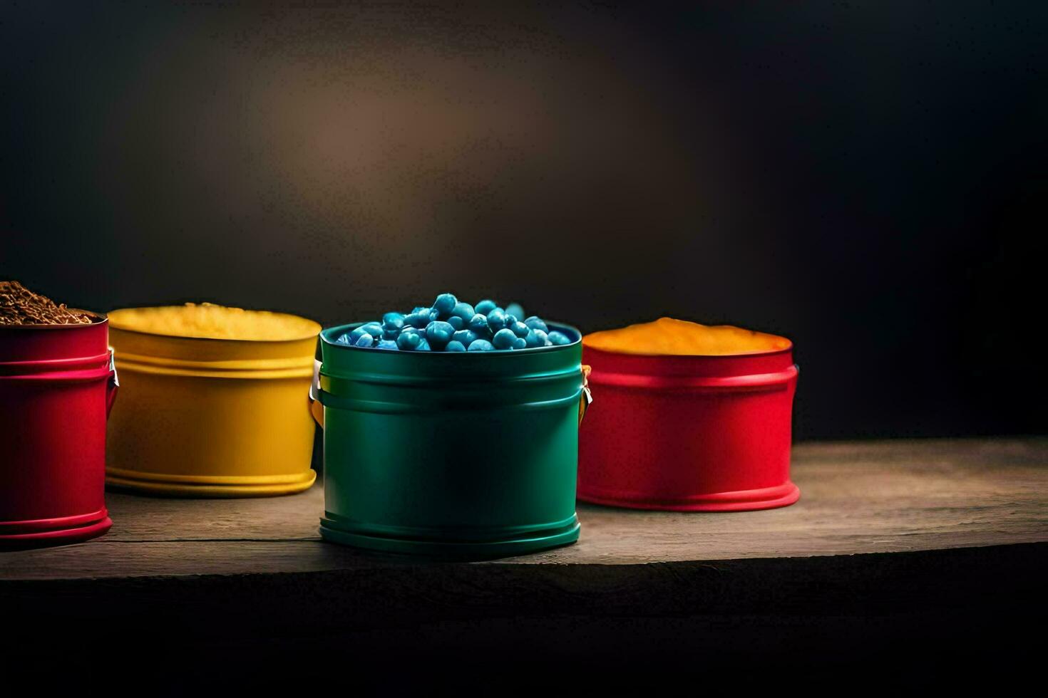 colorful containers with different colored powders on a wooden table. AI-Generated photo