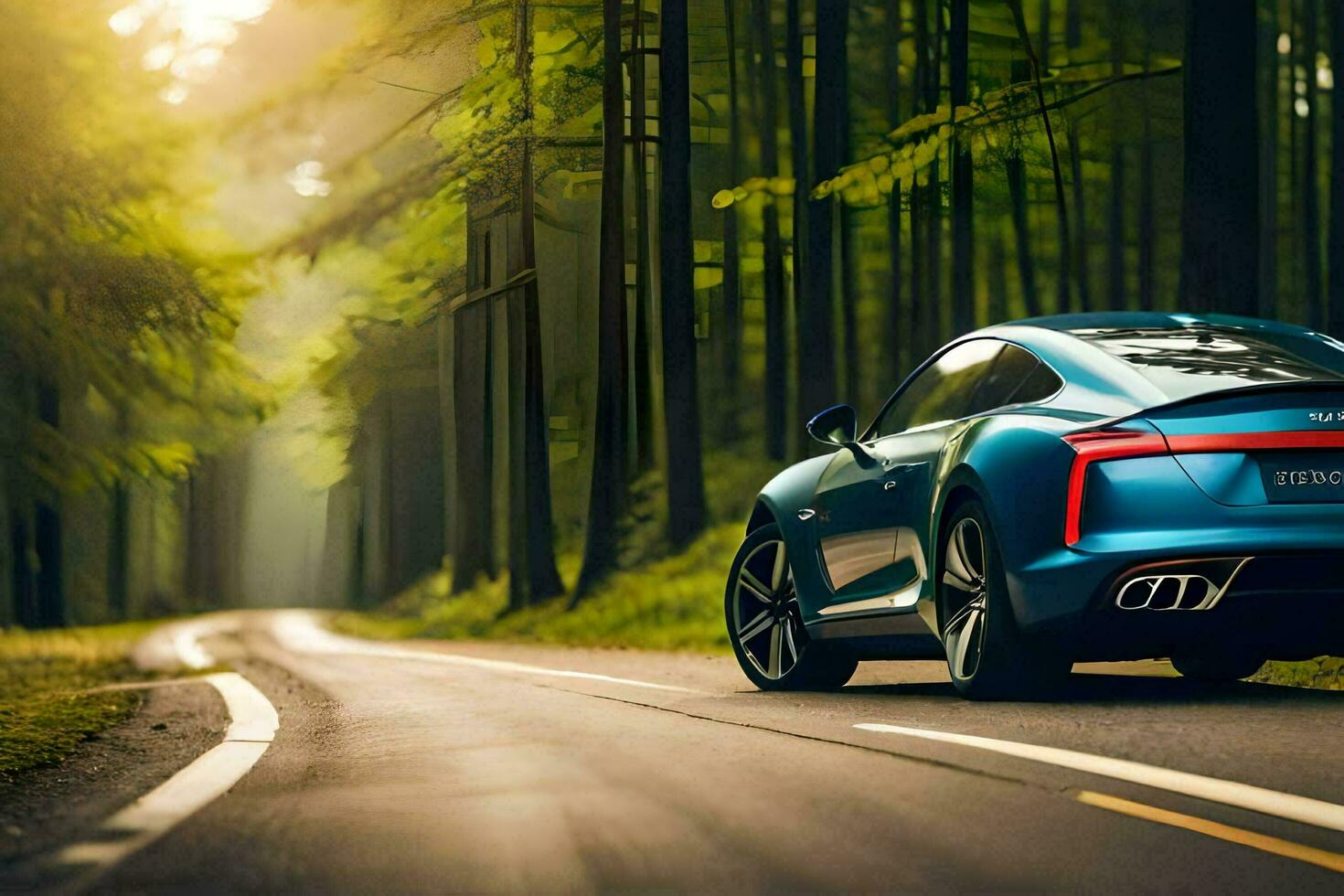 the audi sports car is driving down a road in the woods. AI-Generated photo