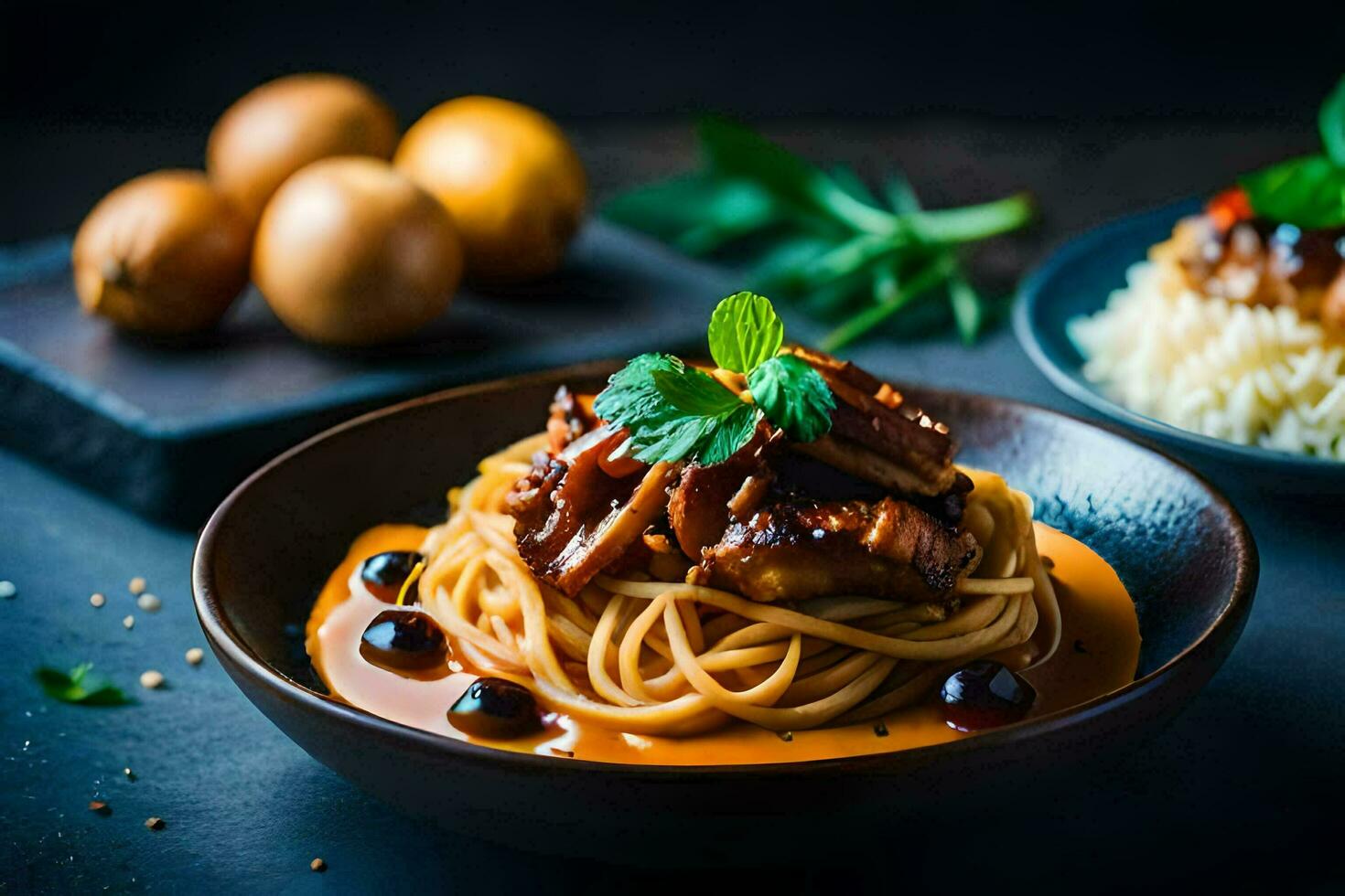 chicken and noodles in a sauce with a garnish of herbs. AI-Generated photo