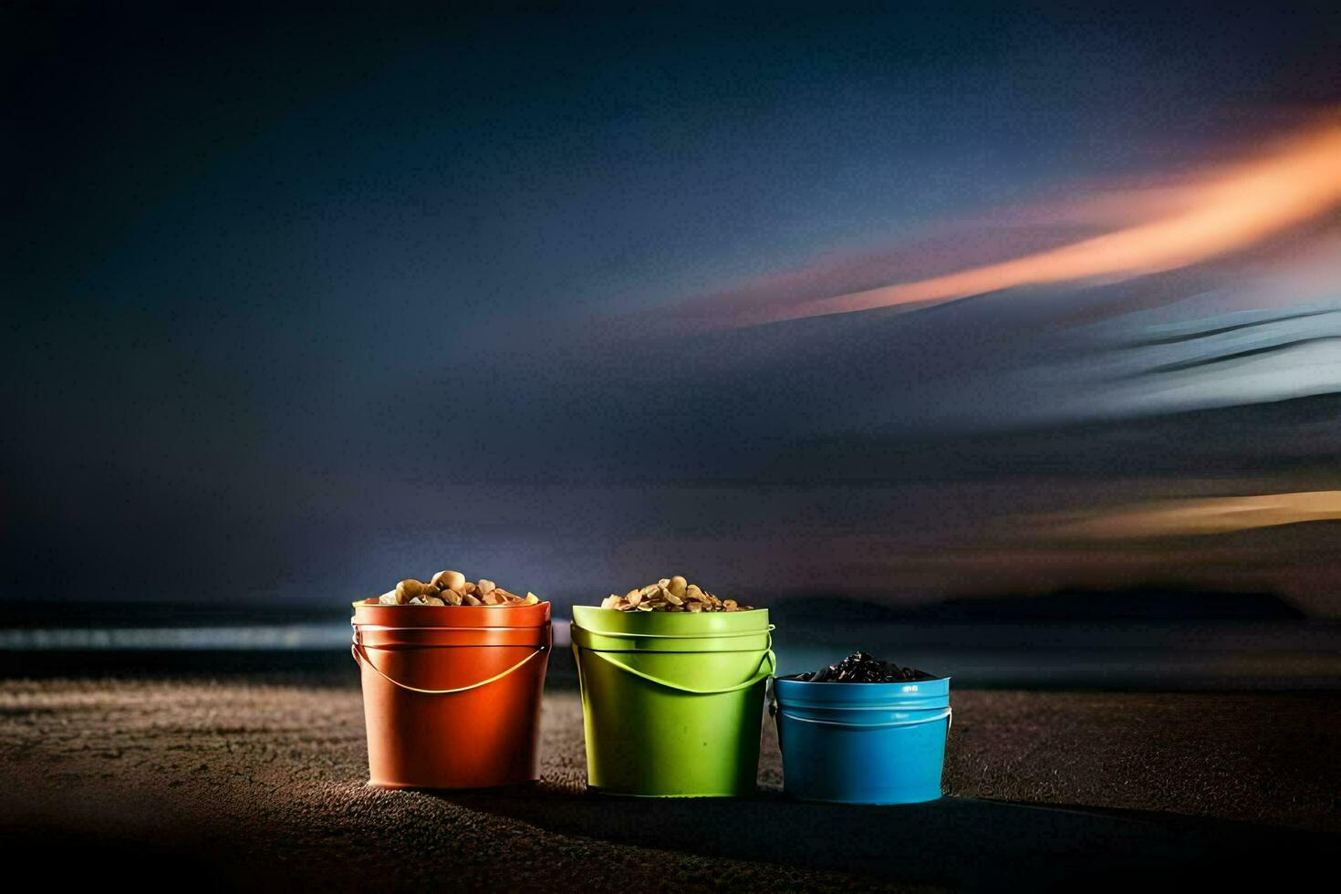 three buckets of sand on the beach at night. AI-Generated photo