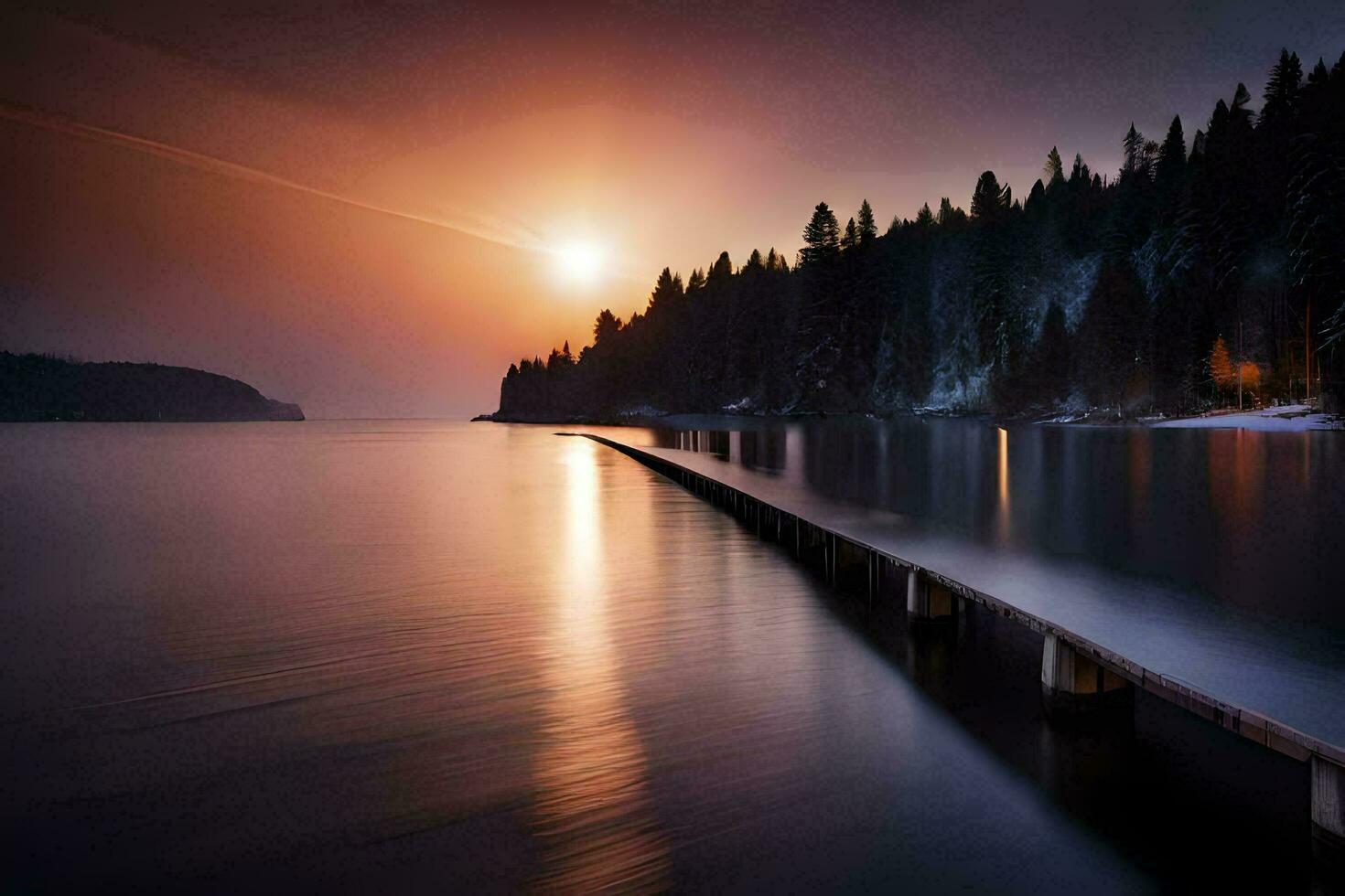 a pier in the middle of a lake at sunset. AI-Generated photo