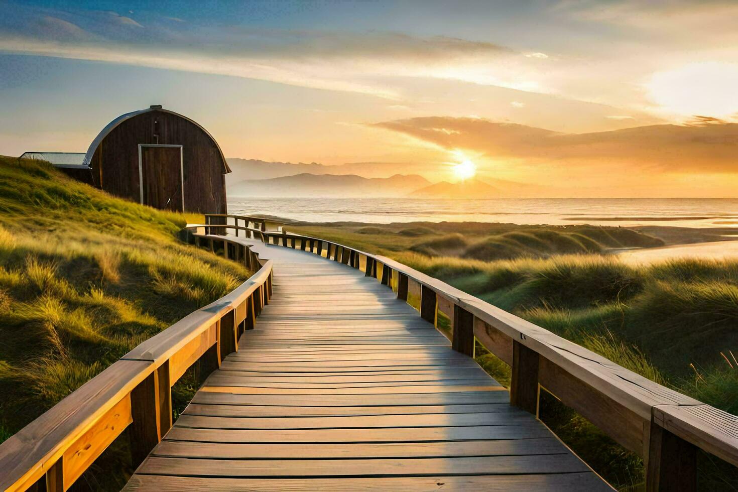 the boardwalk leads to a beach hut. AI-Generated photo