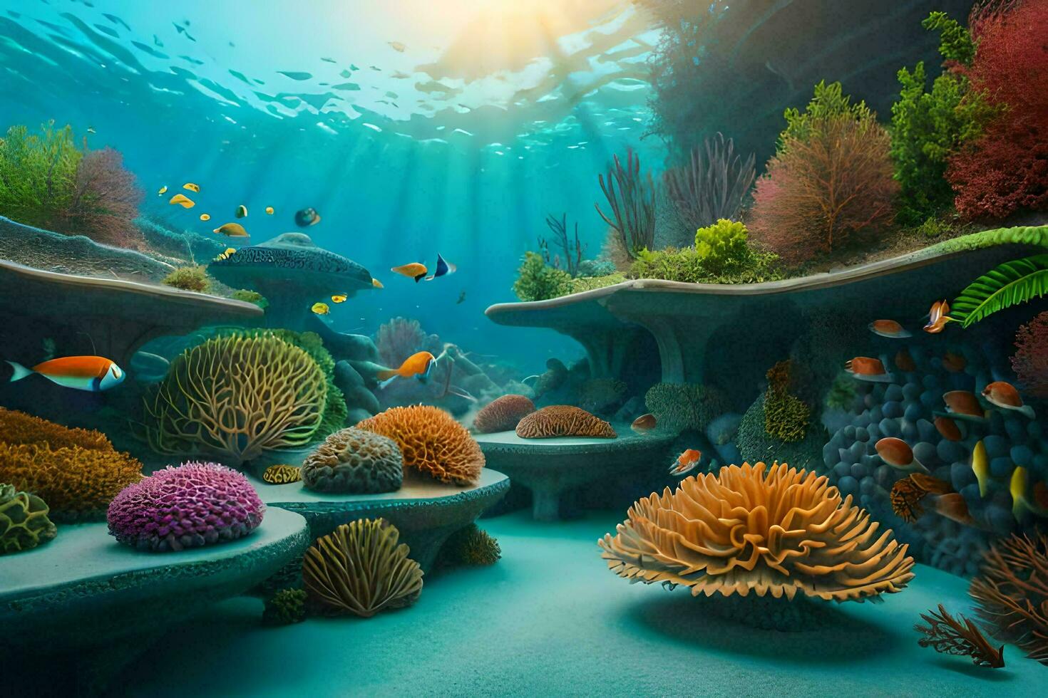 an underwater scene with coral reefs and fish. AI-Generated photo