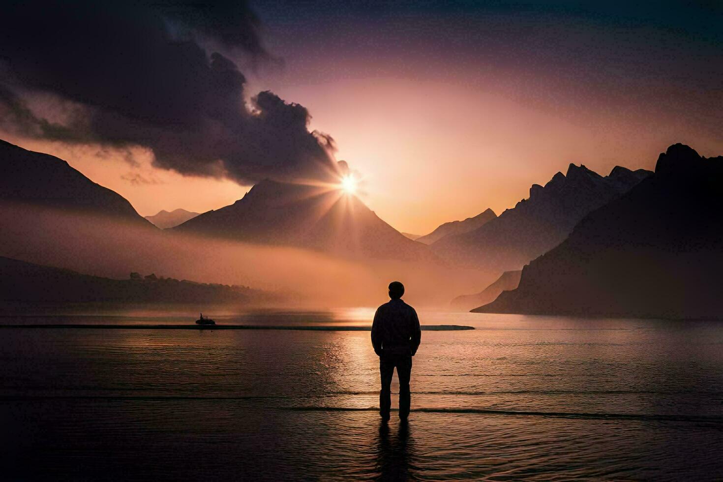 un hombre en pie en el agua a puesta de sol. generado por ai foto