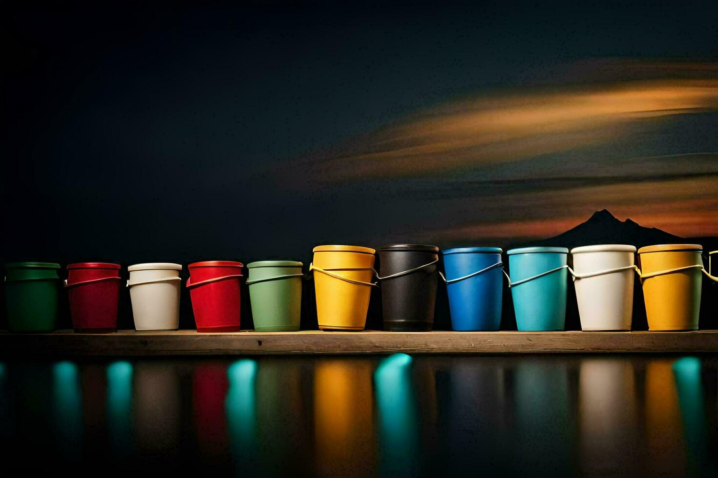 colorful cups lined up on a dock at night. AI-Generated photo