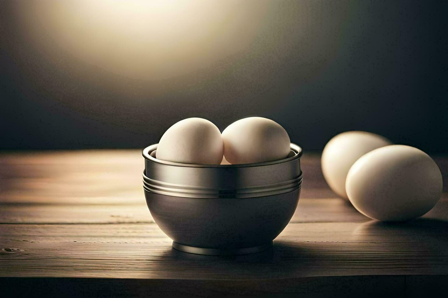 three eggs in a metal bowl on a wooden table. AI-Generated photo