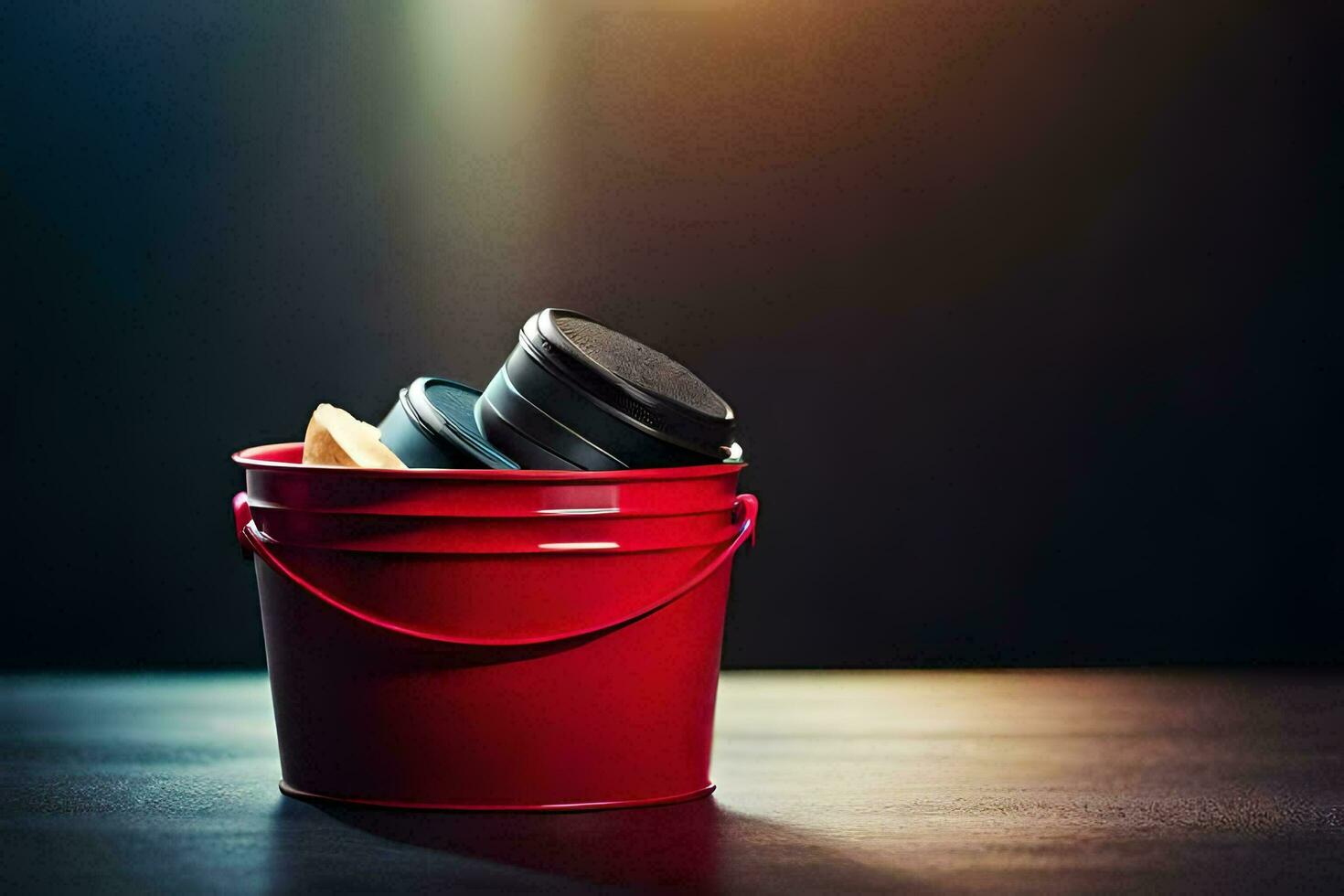a red bucket with a lid on top of a table. AI-Generated photo