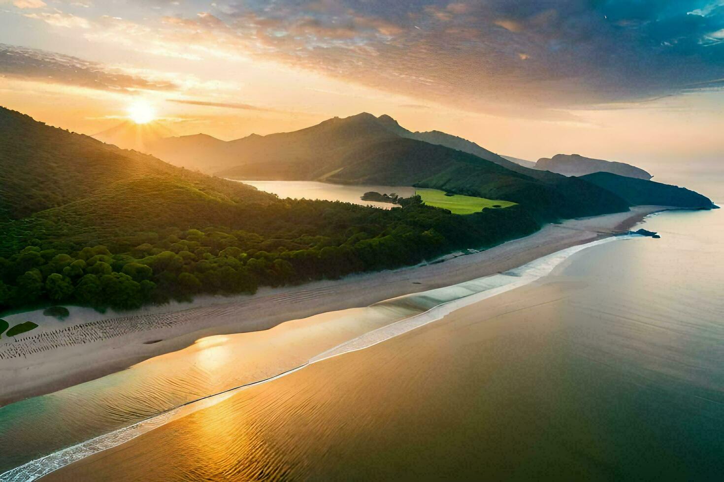 the sun sets over a beach and mountains. AI-Generated photo