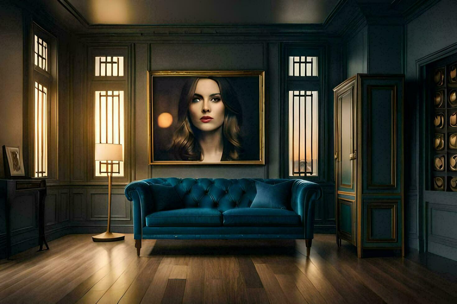 a blue couch in a room with a painting on the wall. AI-Generated photo