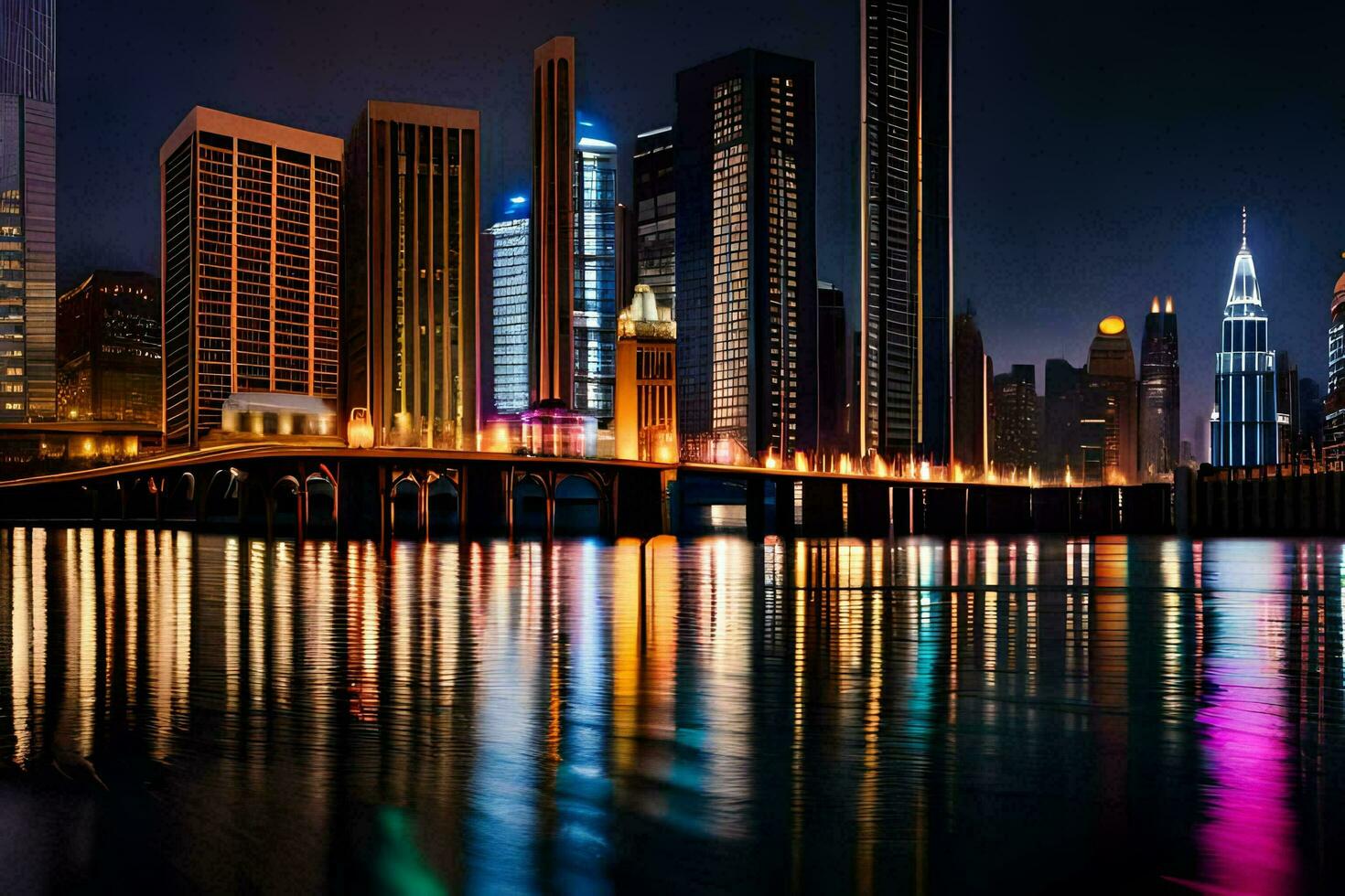 un ciudad horizonte a noche con luces reflejando en el agua. generado por ai foto