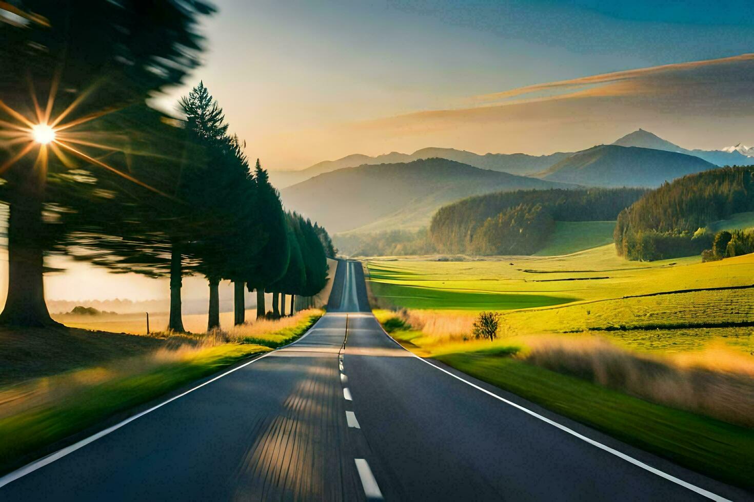 a road in the mountains with trees and sun. AI-Generated photo