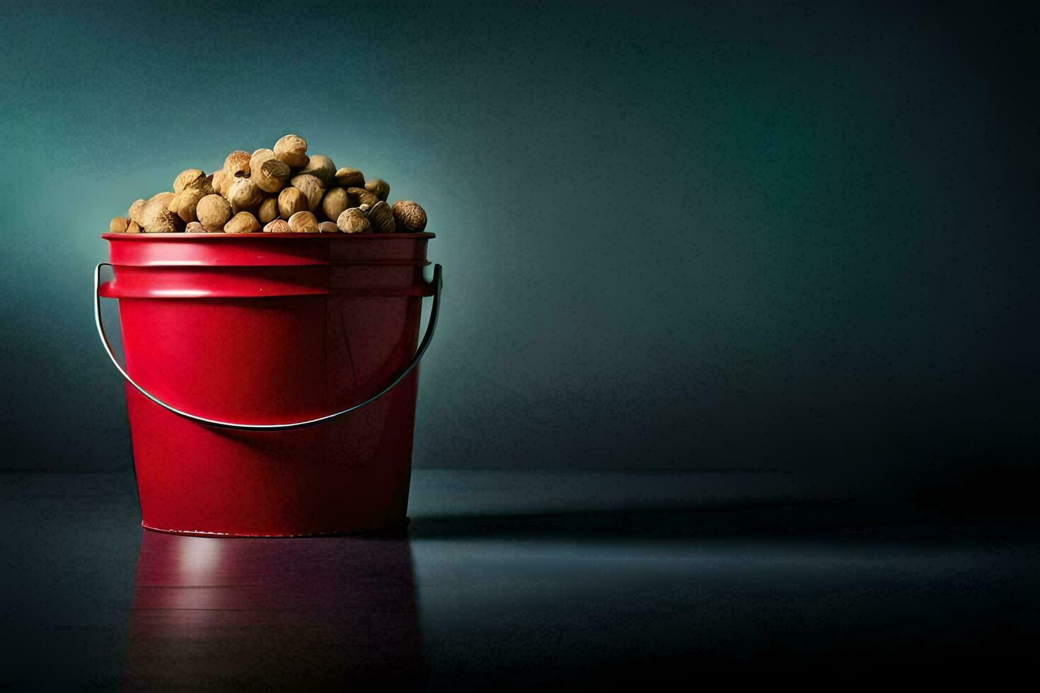 a red bucket filled with peanuts on a dark table. AI-Generated photo