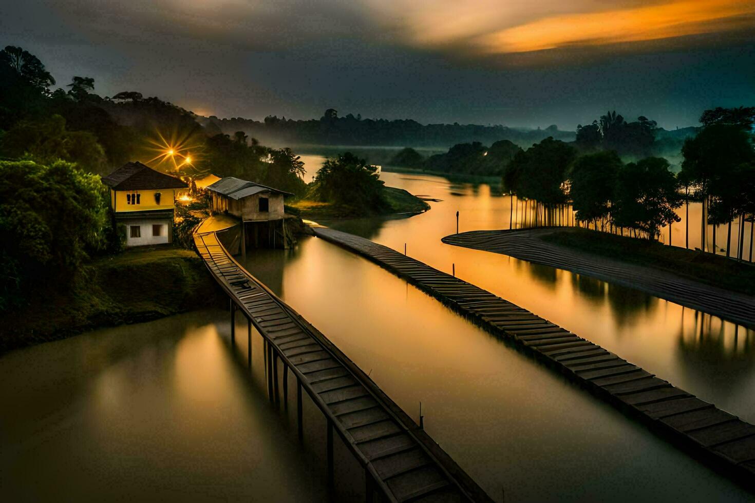a bridge over a river at sunset. AI-Generated photo