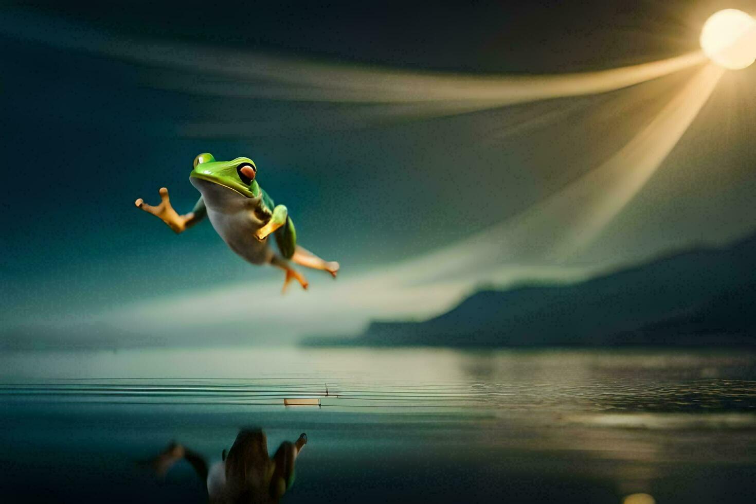 a frog jumping into the air at night. AI-Generated photo