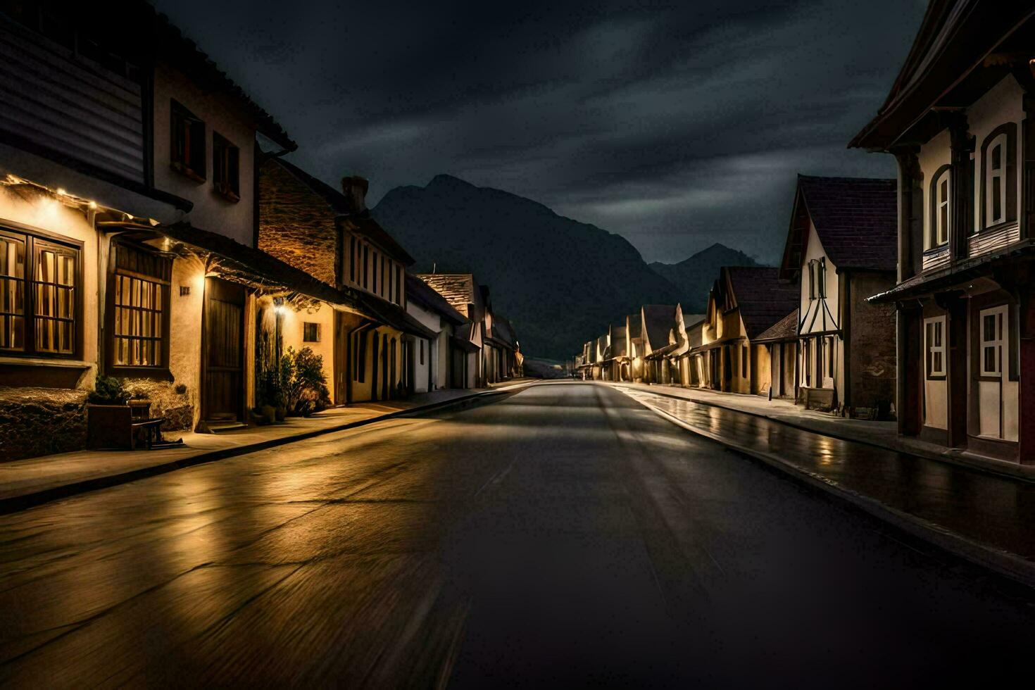 a street in the dark with buildings and mountains in the background. AI-Generated photo