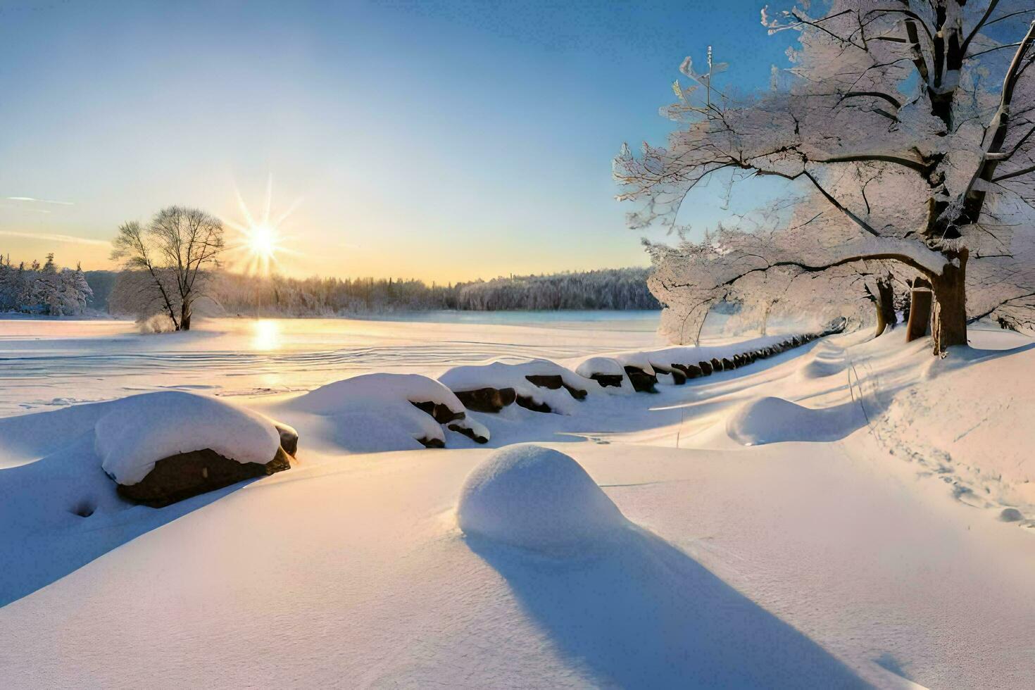 snow covered trees and rocks in the snow. AI-Generated photo