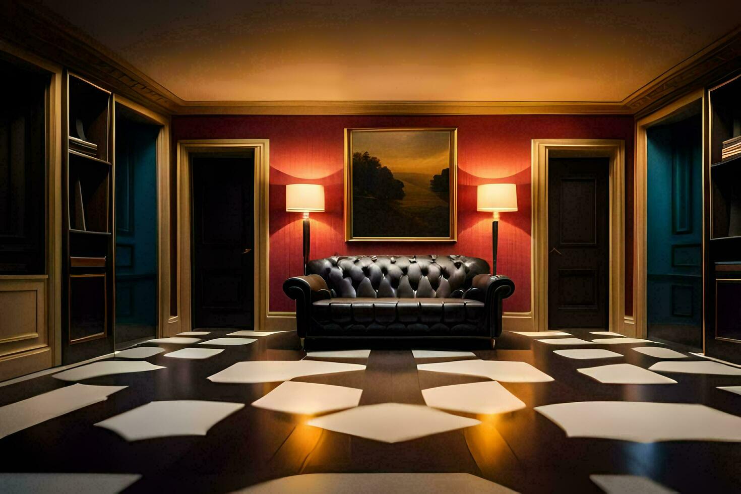 a room with a black leather couch and a black and white checkered floor. AI-Generated photo