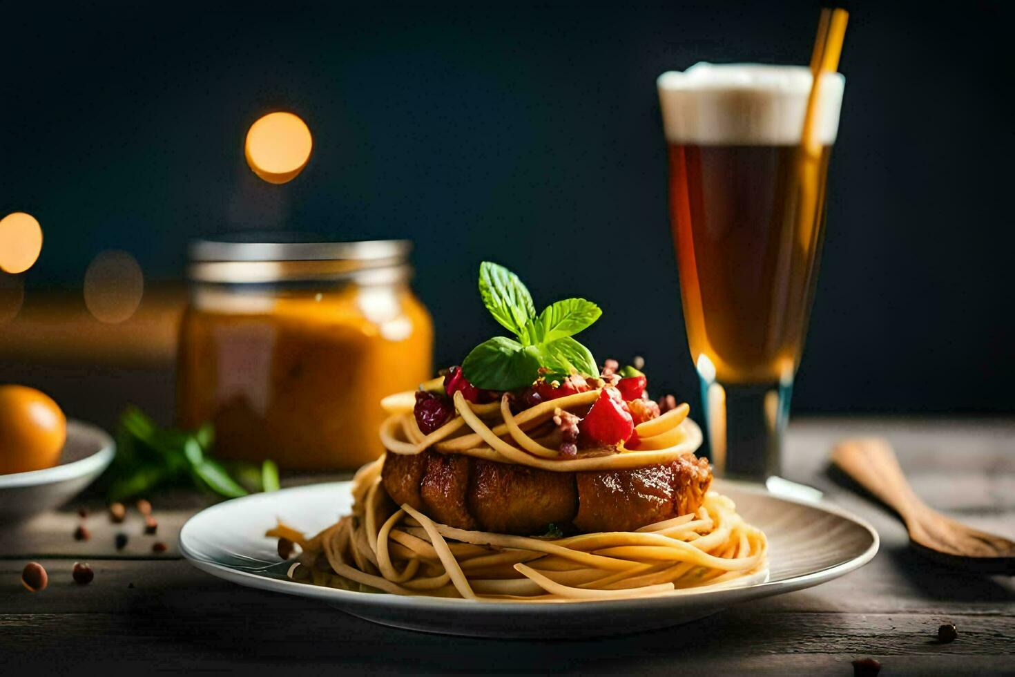 spaghetti with tomato sauce and meat on a plate. AI-Generated photo