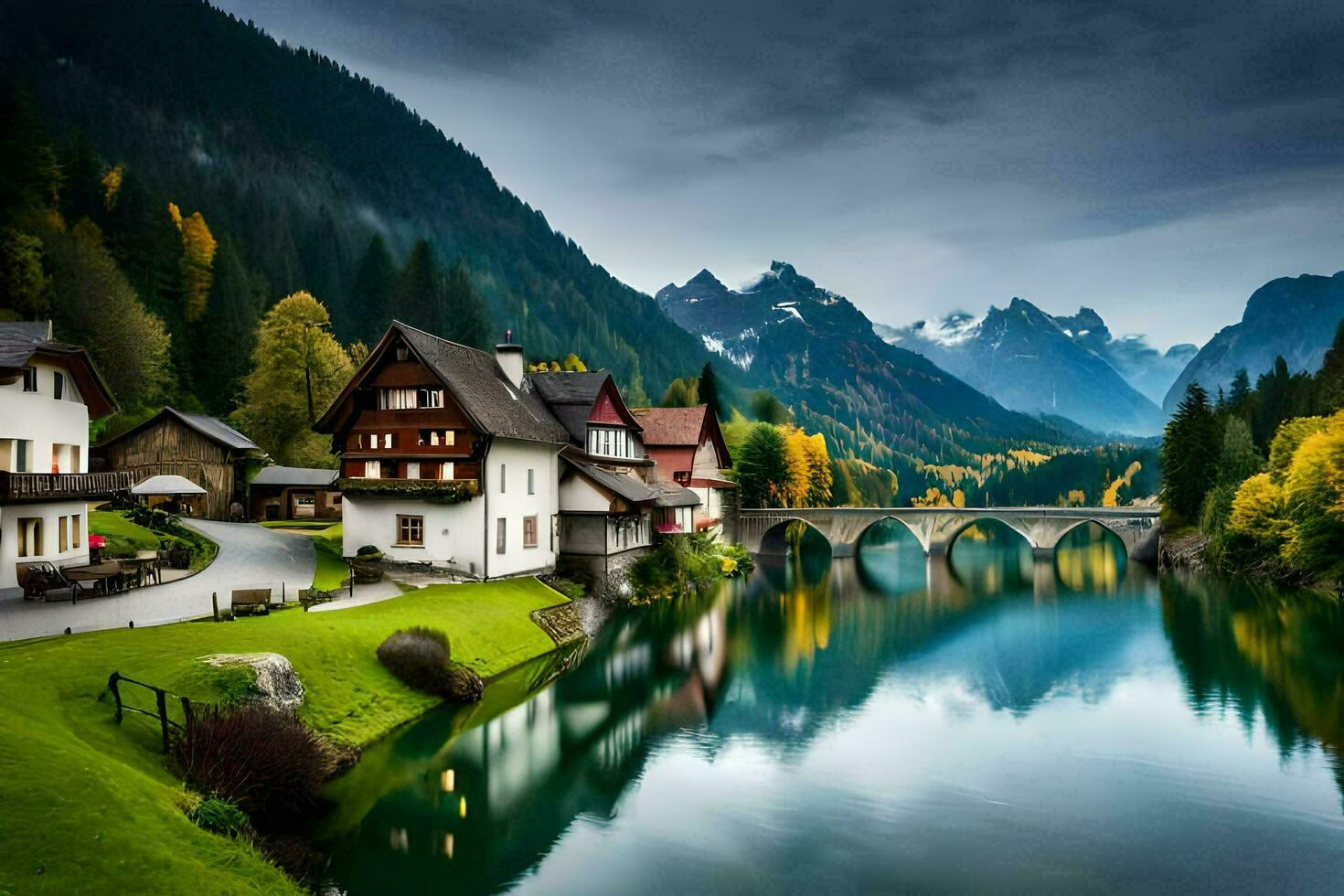 a beautiful mountain village with a river and bridge. AI-Generated photo