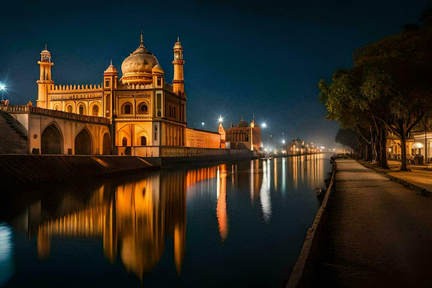 the night view of the mosque in delhi. AI-Generated photo