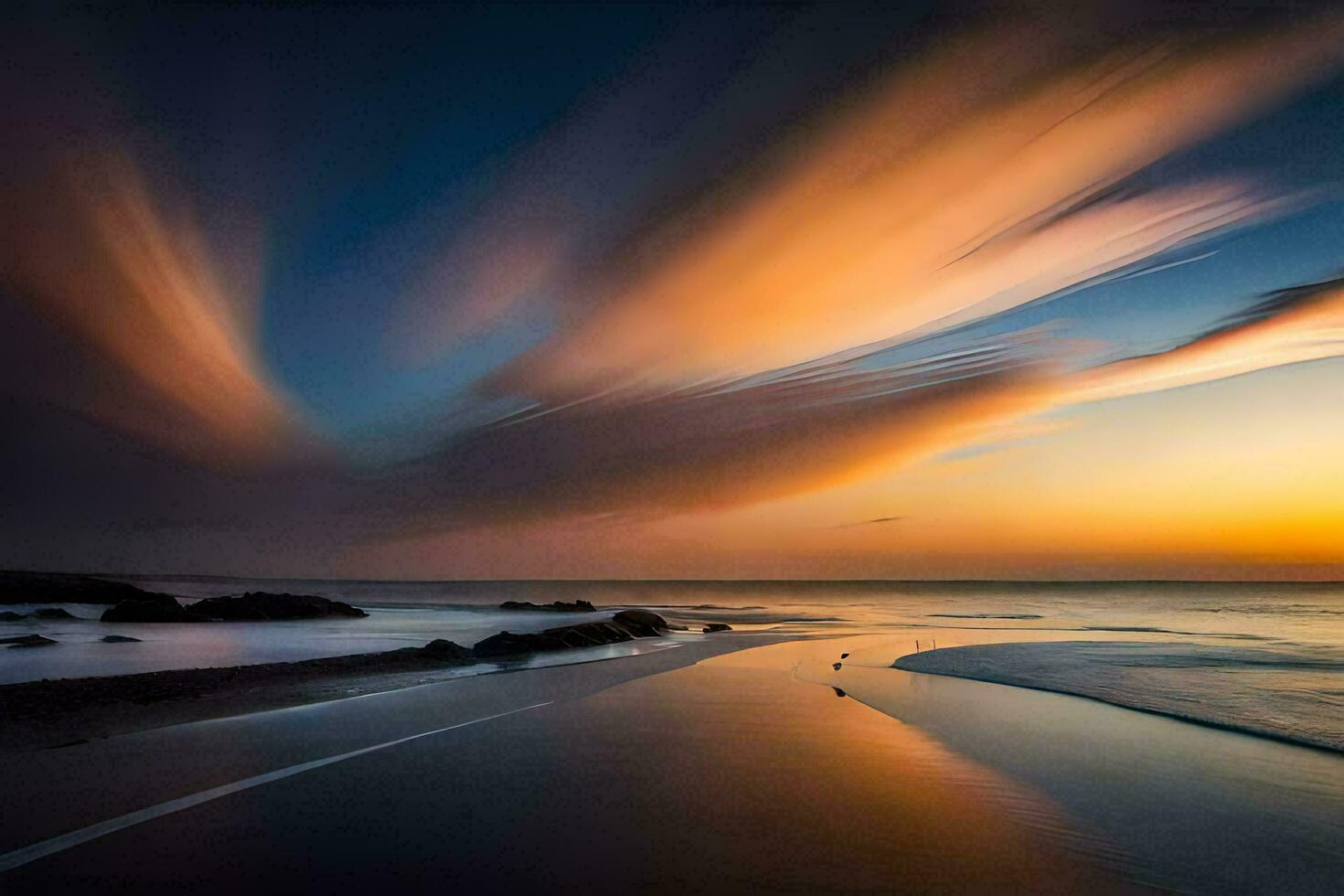 a long exposure photograph of a sunset on the beach. AI-Generated photo
