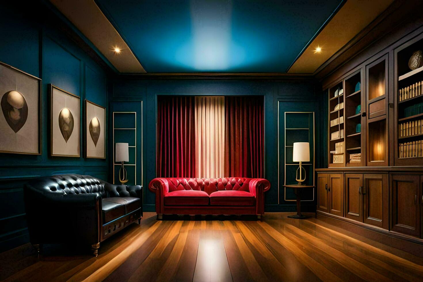 a room with blue walls and wooden floors. AI-Generated photo
