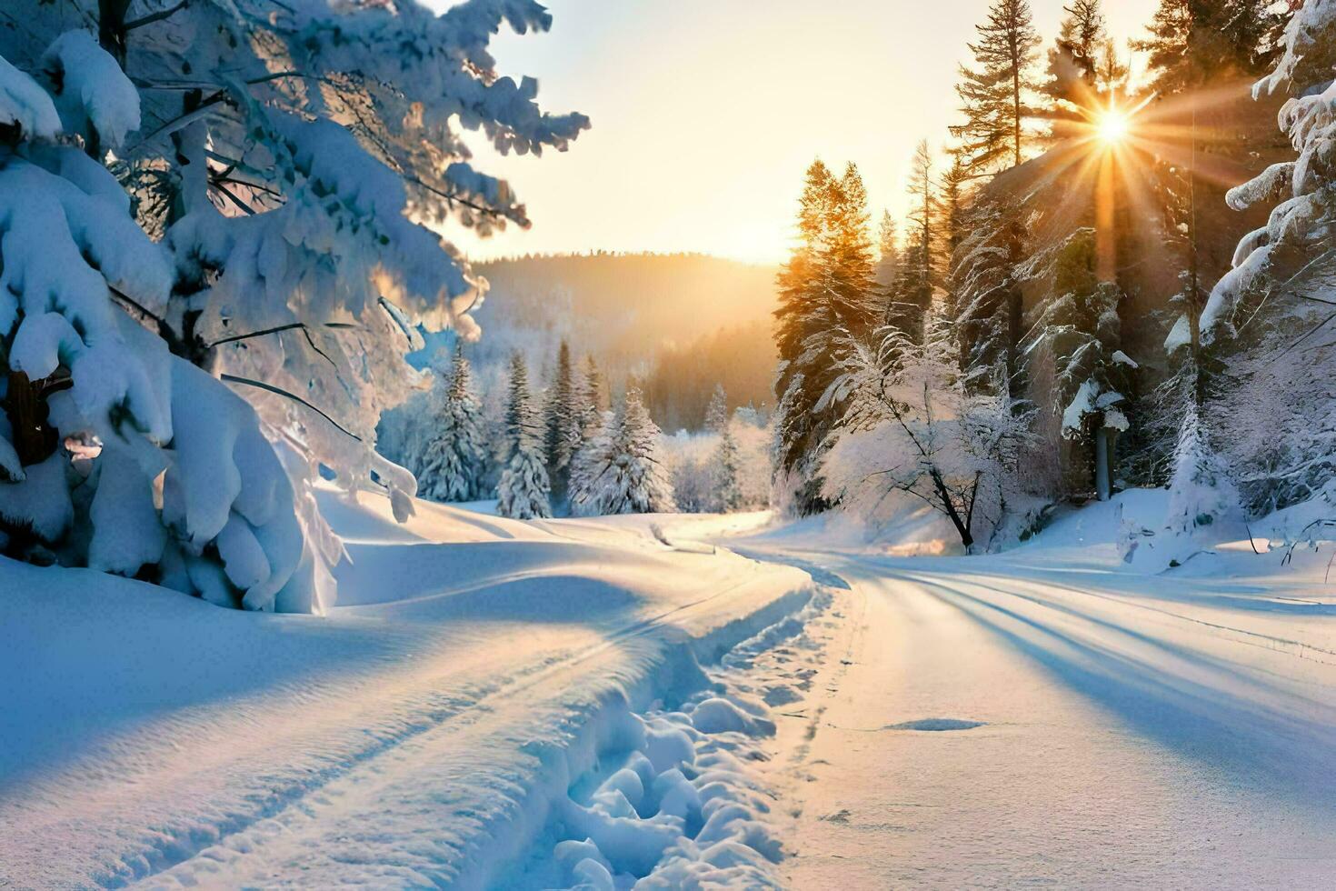 winter landscape with snow covered trees and sun. AI-Generated photo