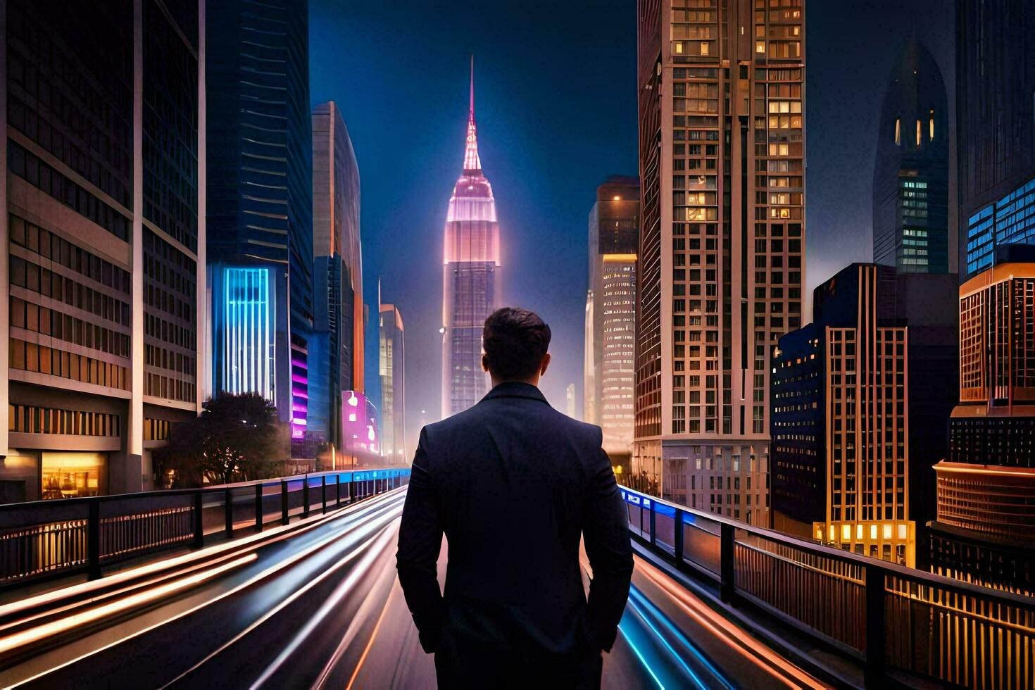 a man in a suit stands on a bridge looking at the city at night. AI-Generated photo