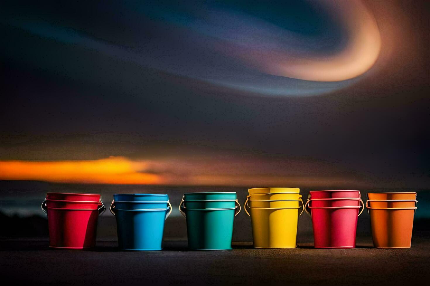 colorful buckets in front of a dark sky. AI-Generated photo