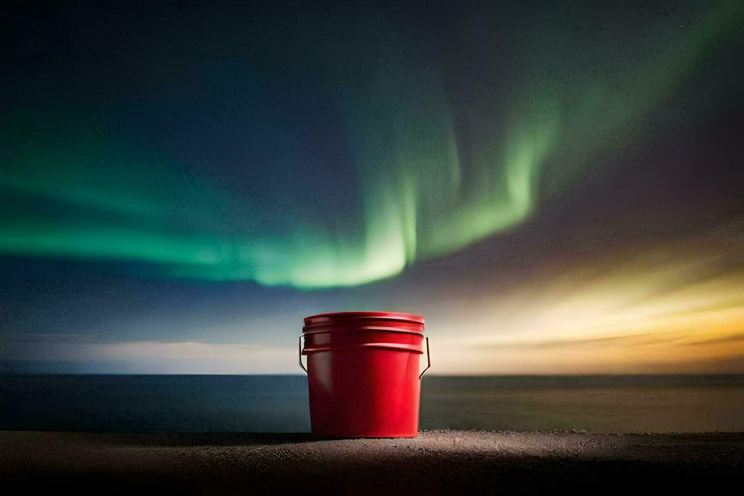 a red bucket sits on the ground in front of an aurora. AI-Generated photo