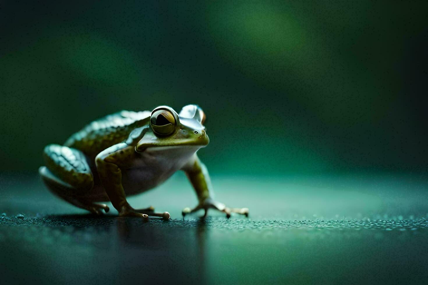 a frog is sitting on the ground in front of a green background. AI-Generated photo