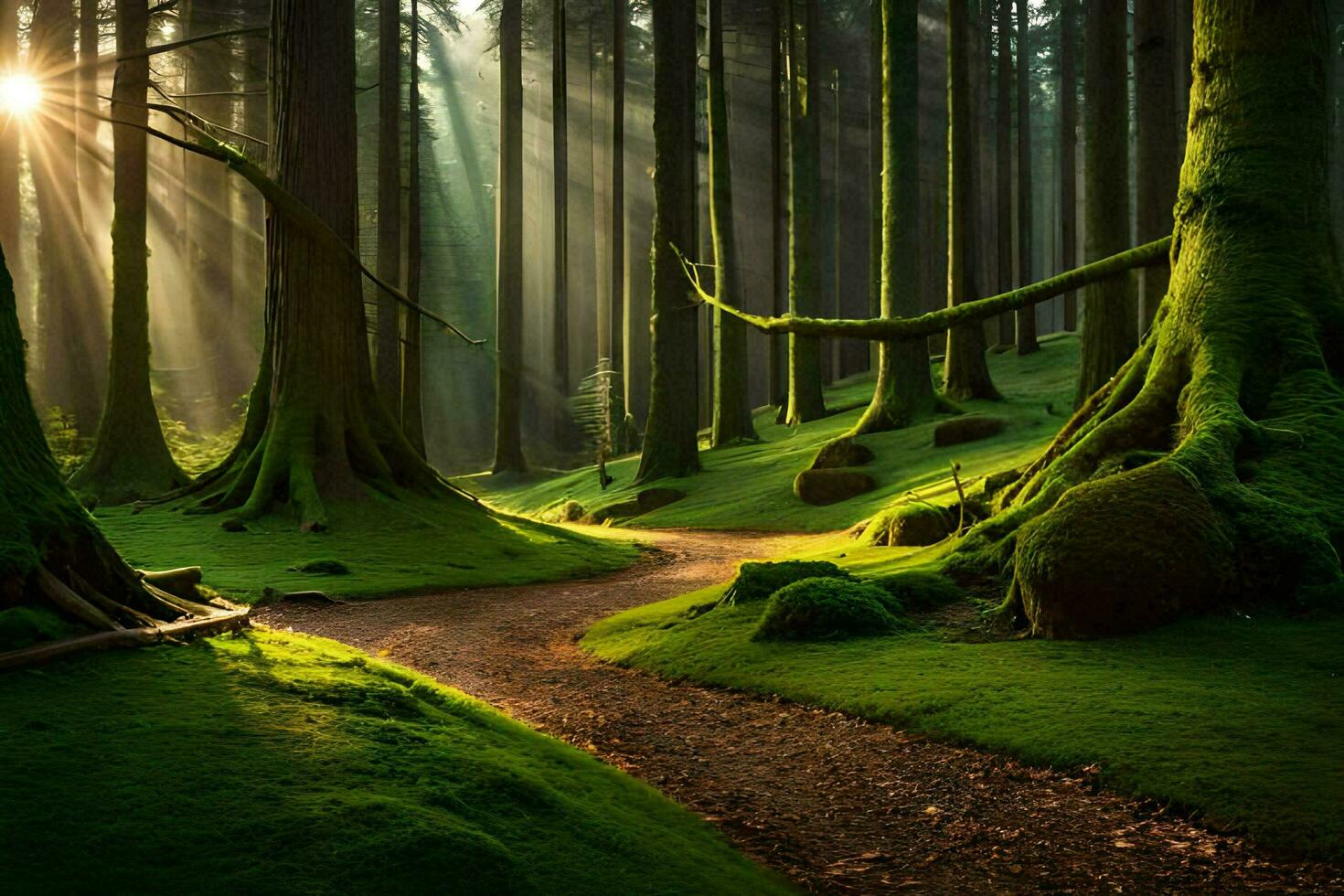 a path through a forest with trees and moss. AI-Generated photo