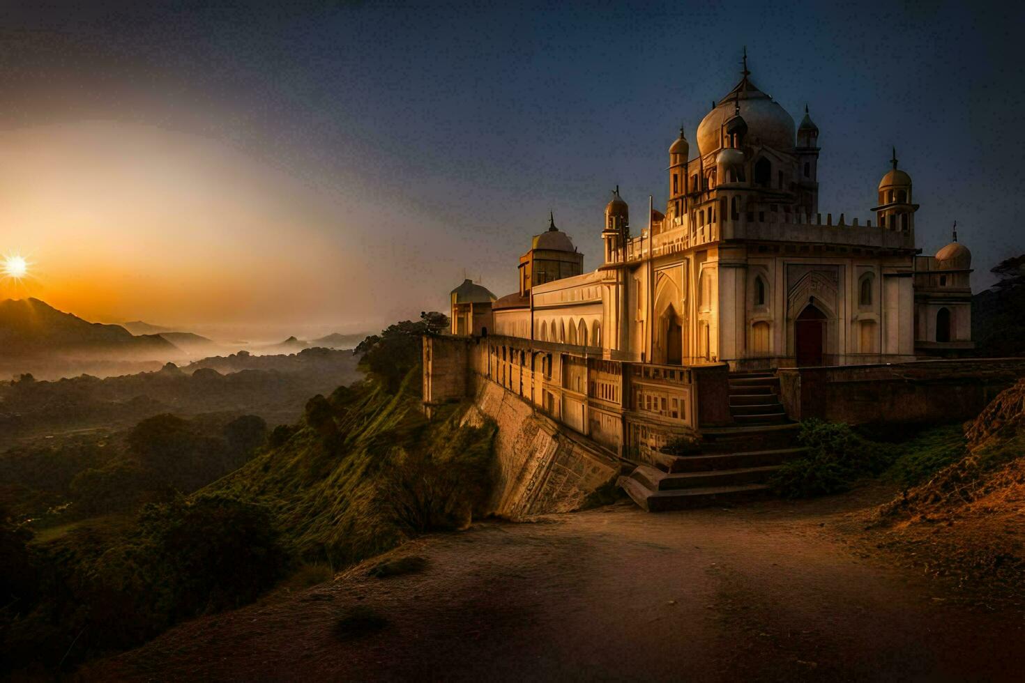 the sun rises over a mosque on a hill. AI-Generated photo